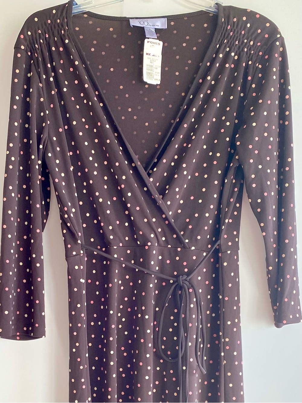 NWT Nine & Co Brown Pink Polka Dot Wrap Dress Petite 12 Midi Stretch